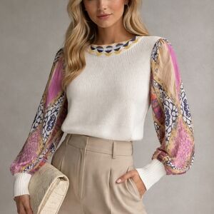 Fate Ivory Knit Mixed Media with Vibrant Billowy Sleeves Ribbed Cuffs Small